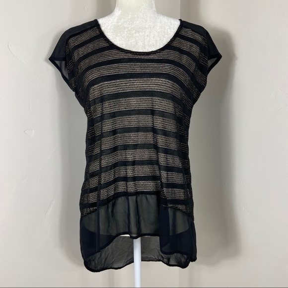 Lush Black Sheer Strip Sort Sleeve Top Small - Picture 2 of 5